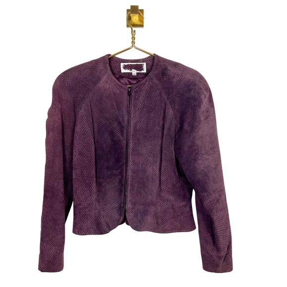 Vintage 70s Leathercraft Purple Textured Leather Jacket Zip Up Collarless Sz M - Picture 1 of 9